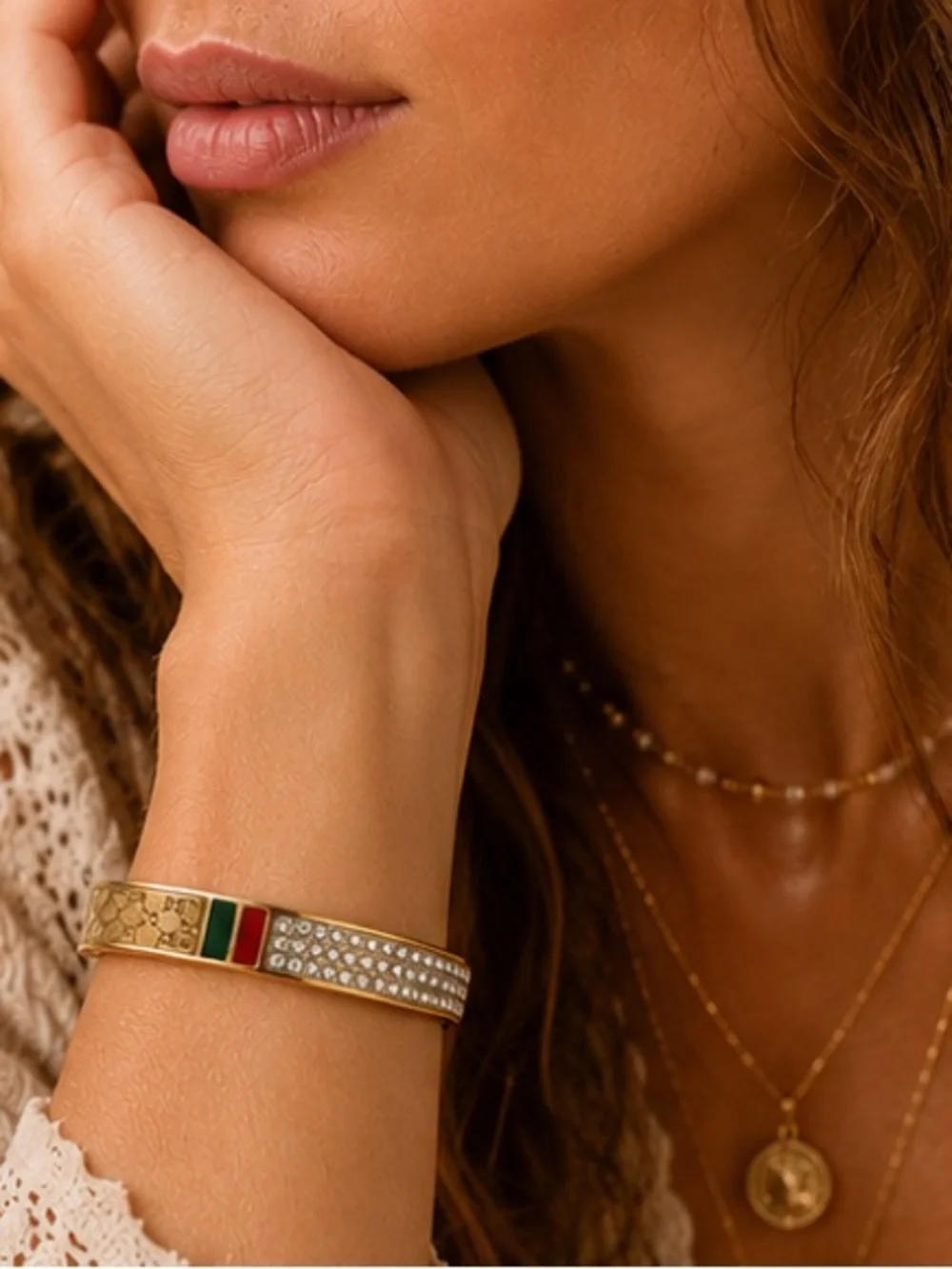 Designer Inspired Crystal Italian Stripe Gold Bangle Bracelet